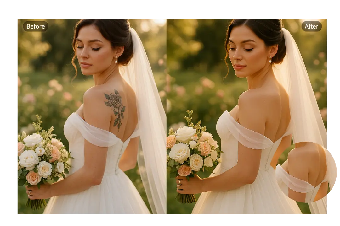 AI Tattoo Removal with Automatic Skin Restoration in Wedding Albums